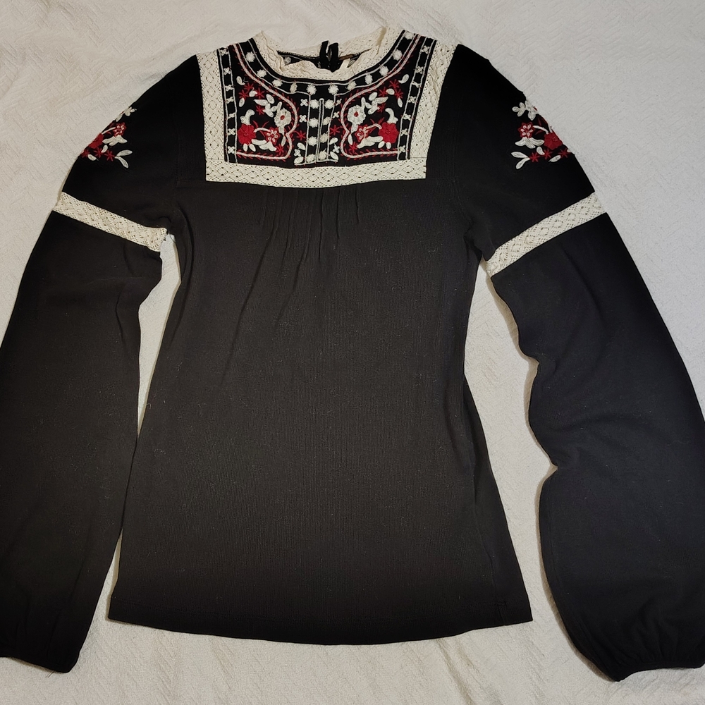 Free People Black and Red Graphic Embellished Blouse with Bib Collar